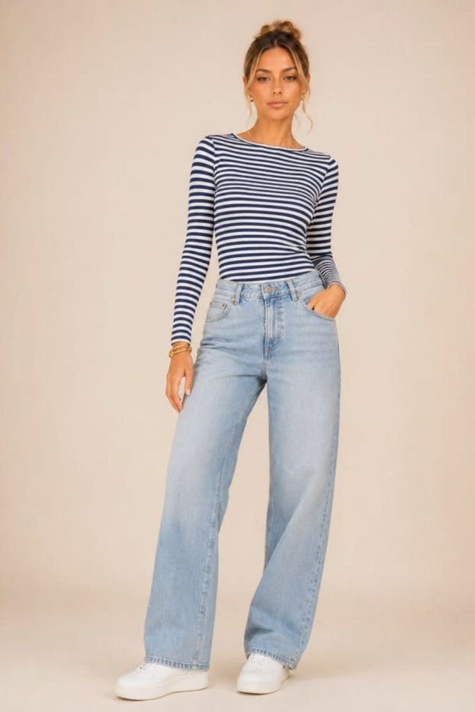 Striped top with high-waisted jeans.