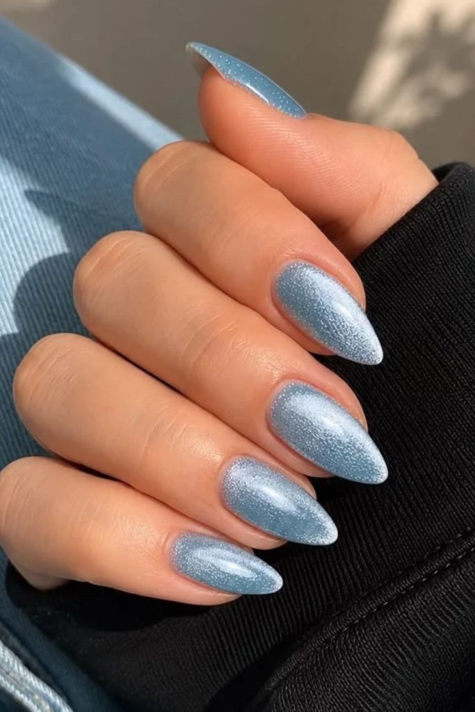 Dusty blue velvet shimmer nails