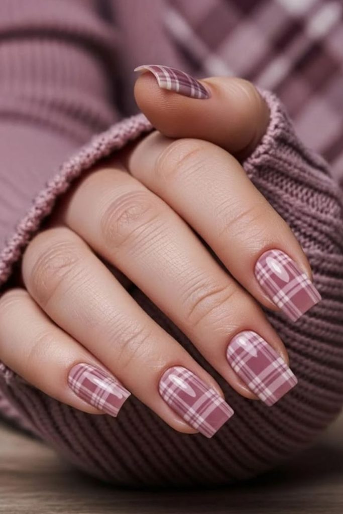 Dusty rose tartan nail design.