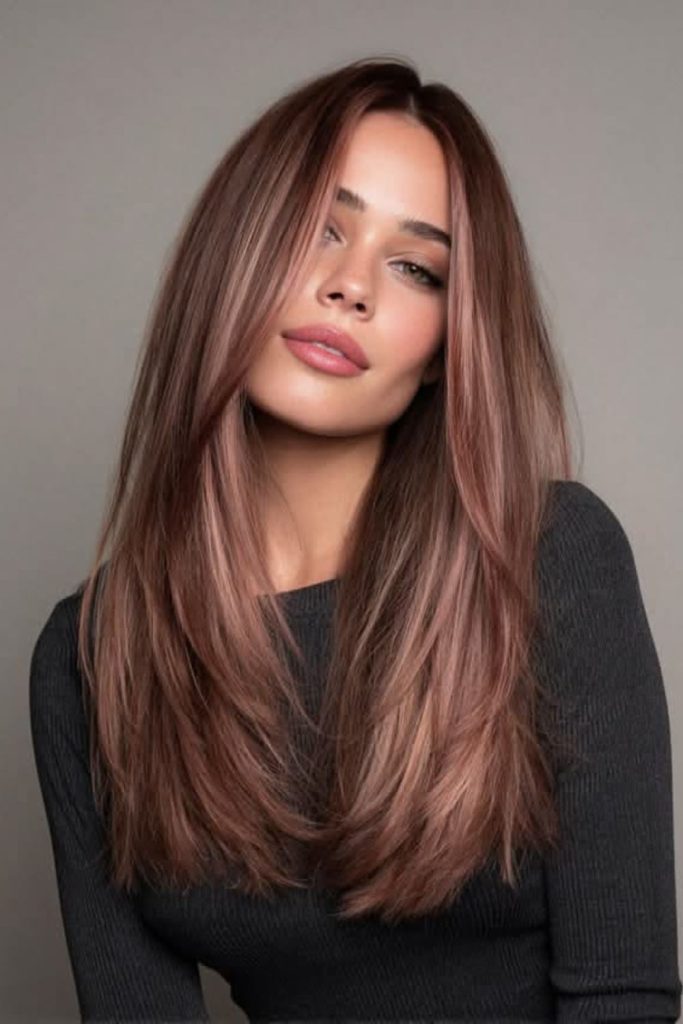 Dusty strawberry brunette hair with texture.