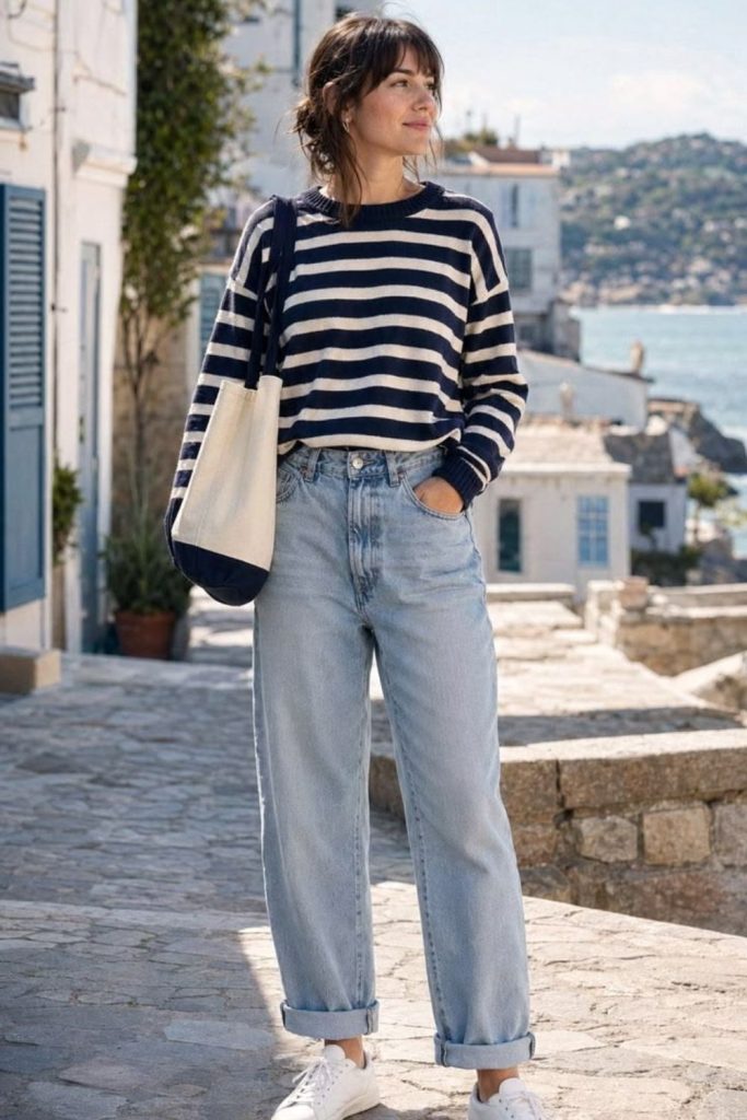 Striped sweater with straight-leg jeans.