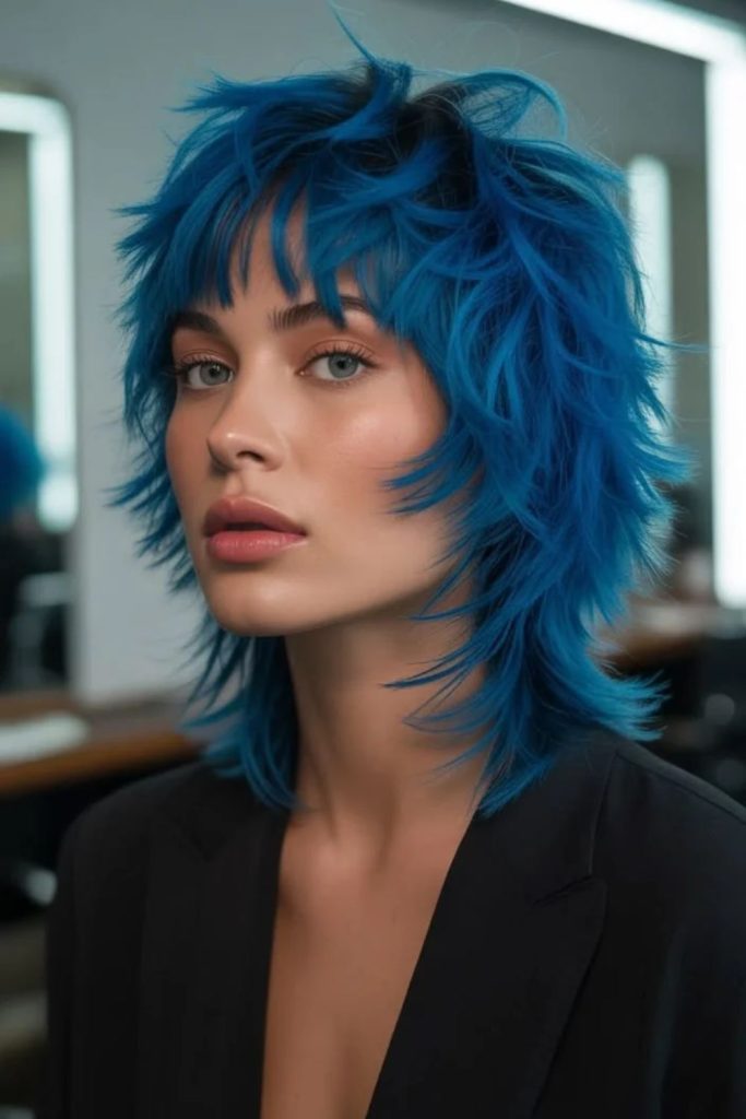 Electric blue jellyfish haircut with texture.