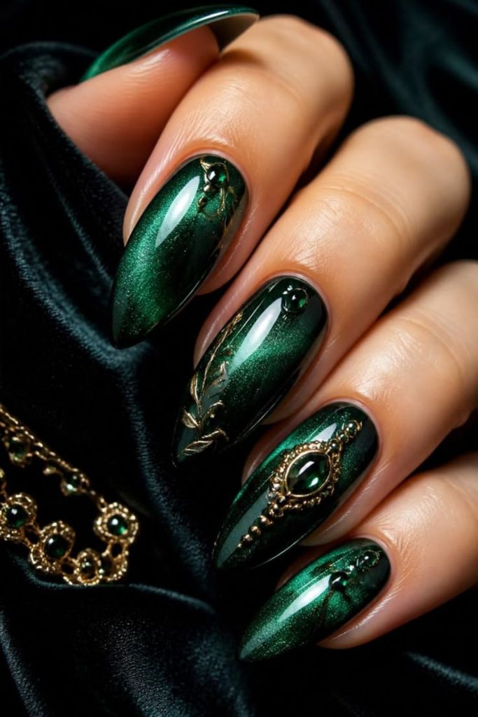 Emerald nails with golden celestial details.