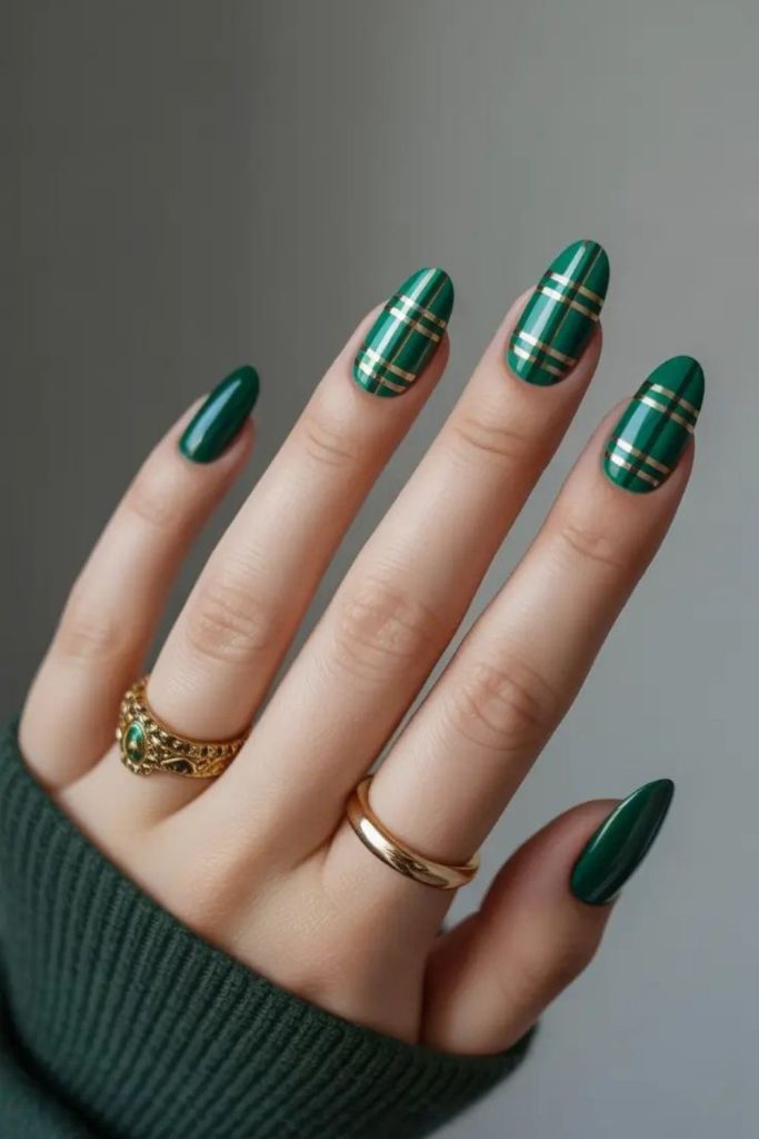 Emerald holiday plaid nail design.