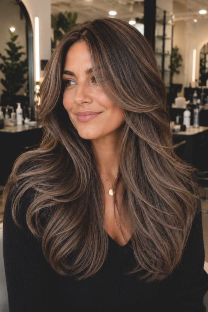 Long mushroom brown layers with beige ribbons.