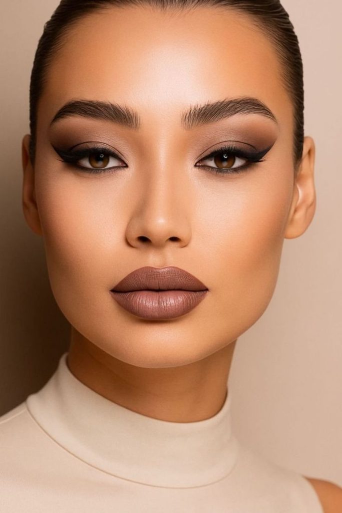 Espresso winged autumn glam makeup.