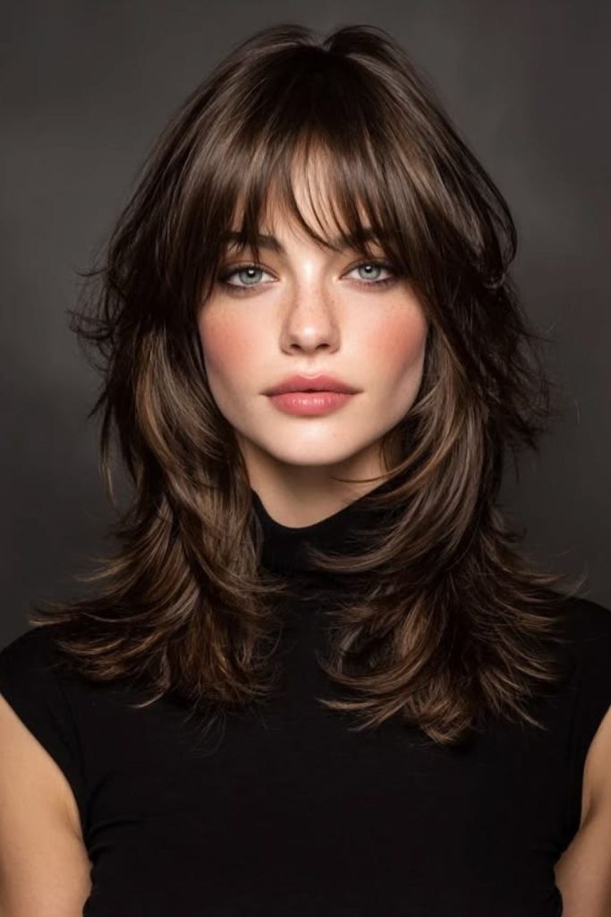 Feathered Birkin bangs with shaggy layers.