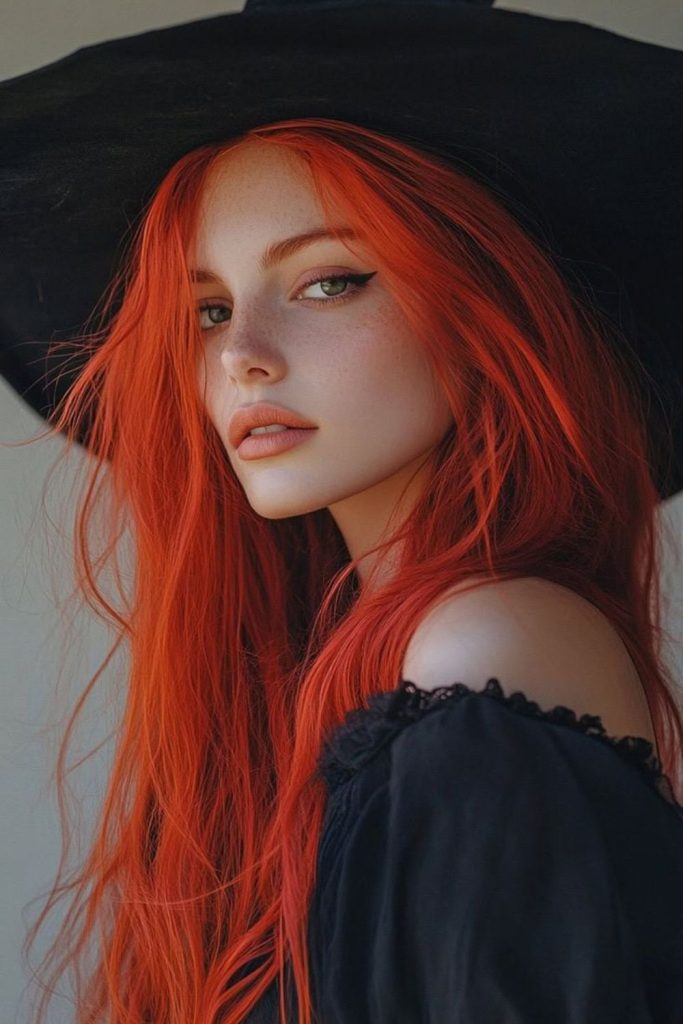 Fiery Egyptian goddess costume with red hair.