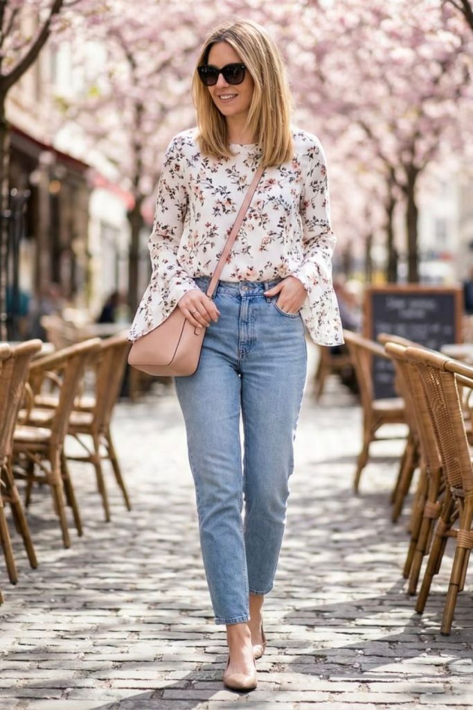 Floral blouse with straight-leg jeans.
