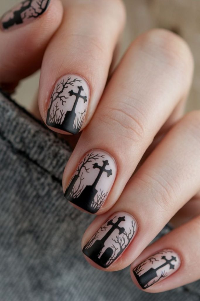Foggy Cemetery French Tip Halloween Nails