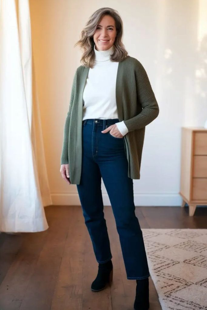 Forest green tailored trouser outfit.
