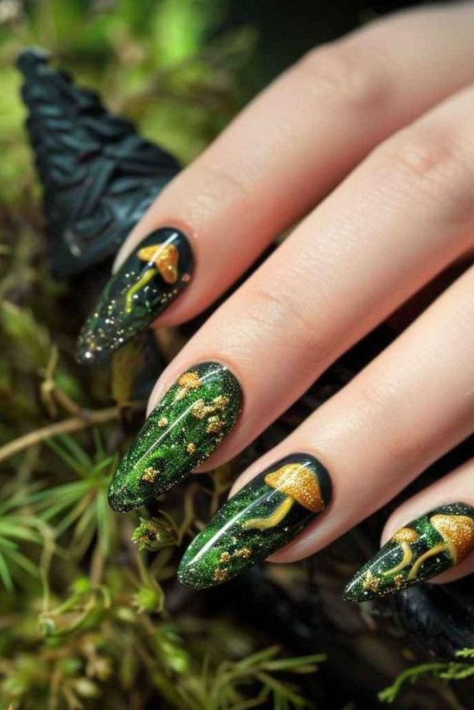 Moss green nails with forest magic.
