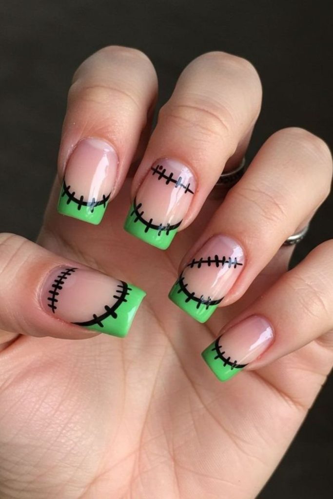 Frankenstein Stitch Tip Halloween Nails