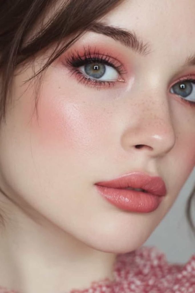Fresh cherry flush makeup with pink cheeks.