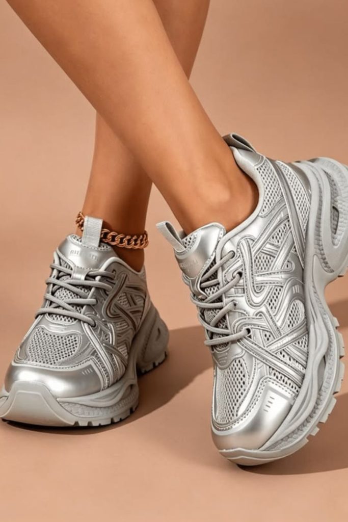 Futuristic silver metallic school trainers.