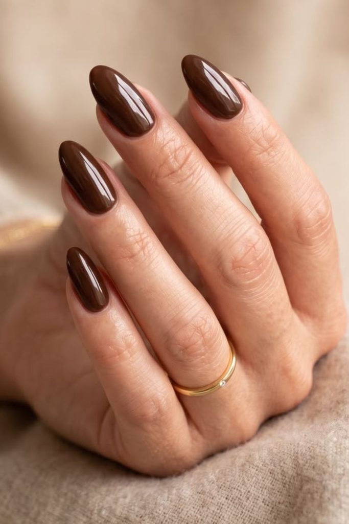 Glossy chocolate brown classic nails.