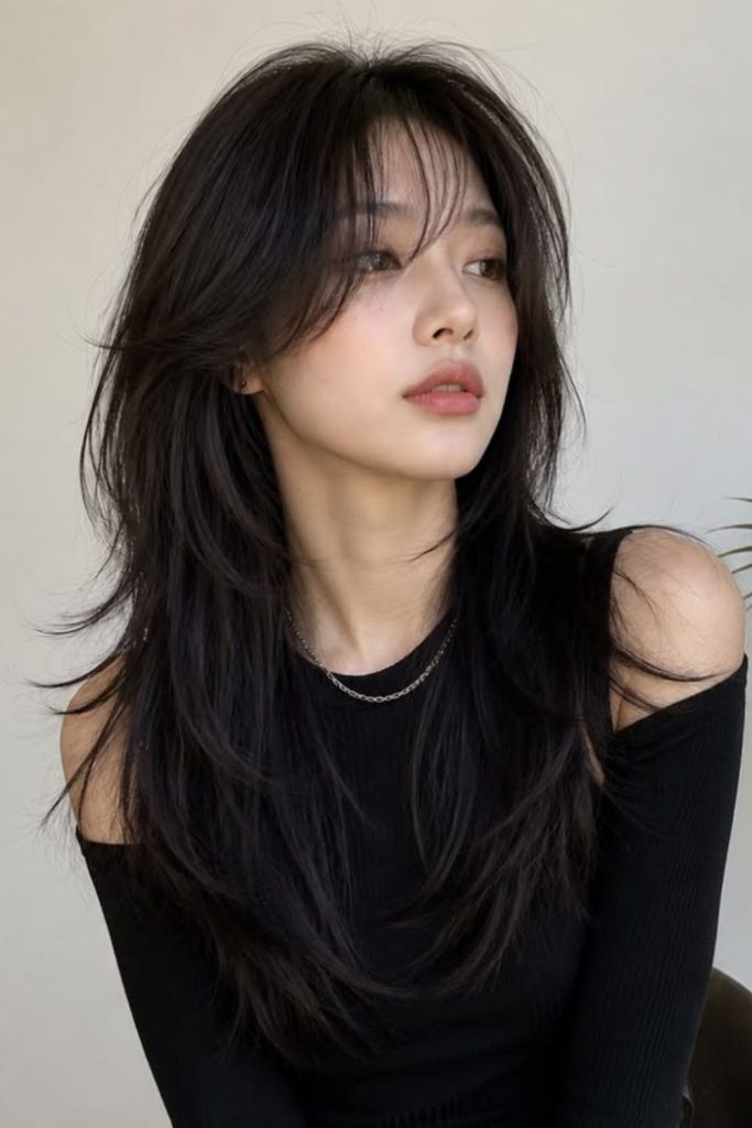 Glossy long Hush Cut hairstyle.
