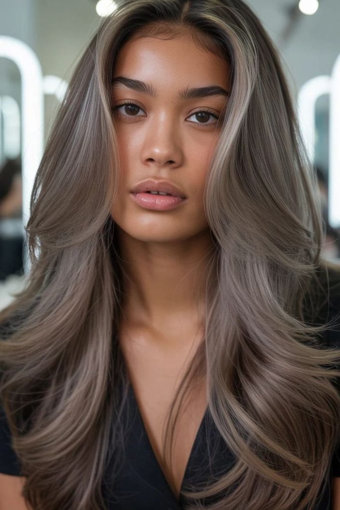 Glossy mushroom brown hair with sleek finish.