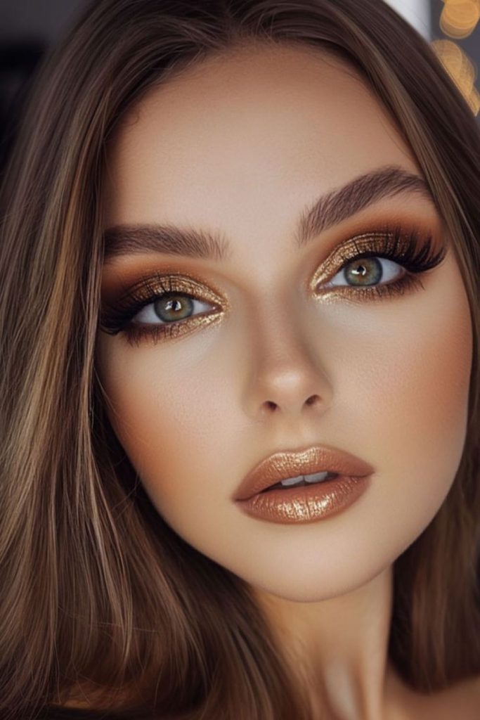 Golden chestnut glow makeup look.