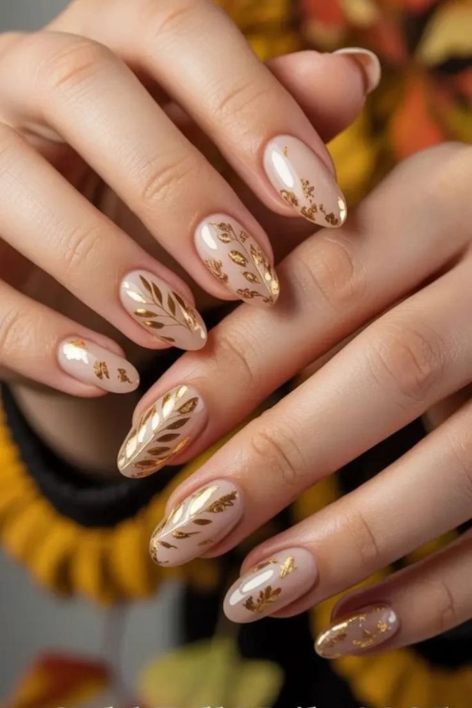 Golden leaf Thanksgiving nail design.