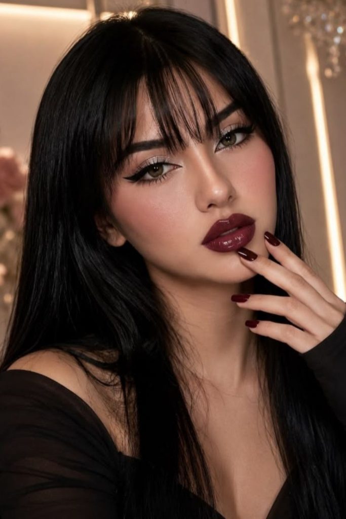 Gothic glitter smoky eye makeup look.
