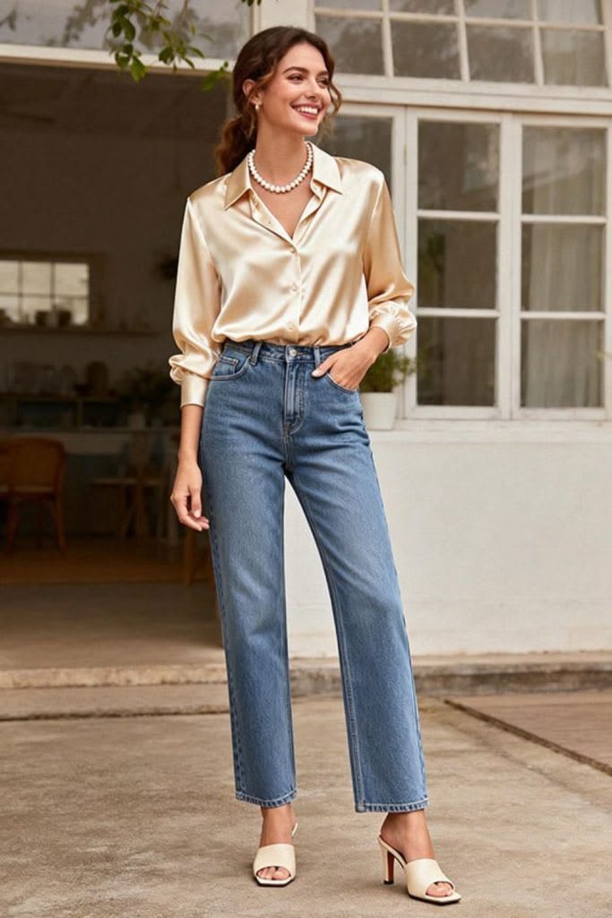 Satin blouse with straight-leg jeans.