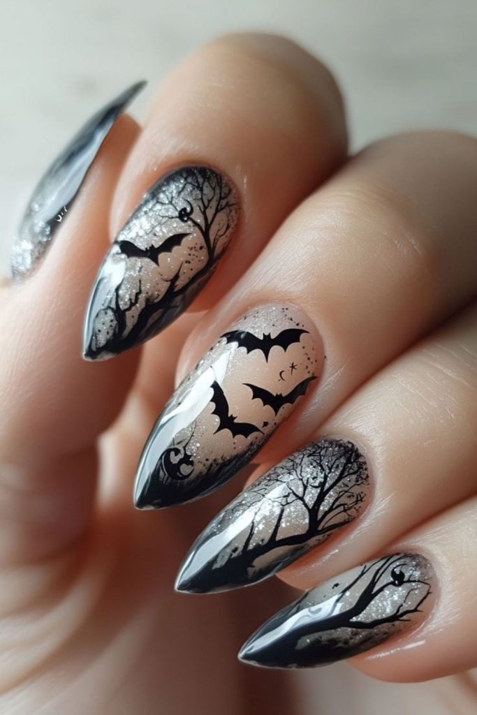 Graveyard Batscape Halloween Nail Design