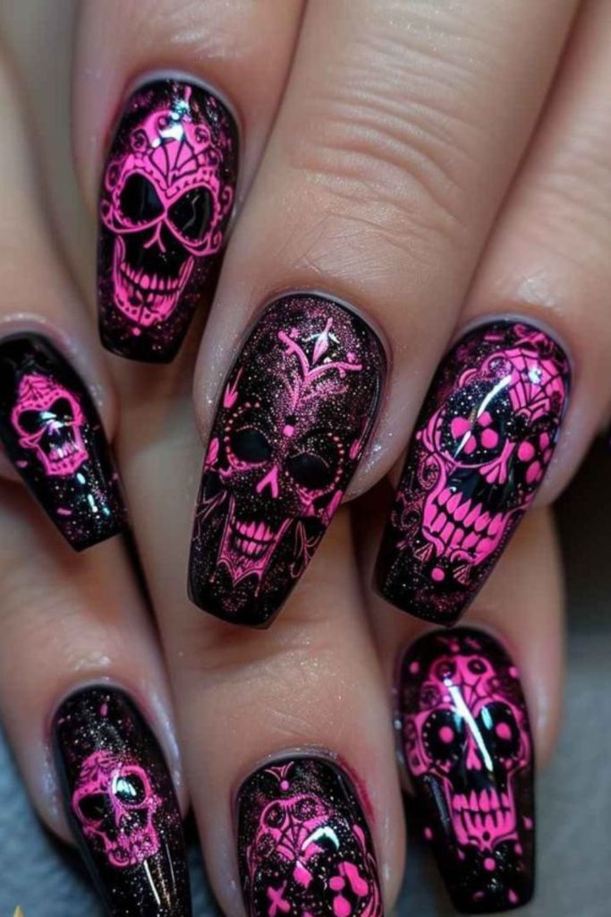 Haunted Candy Skull Halloween Nails