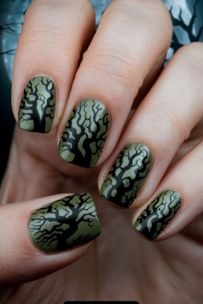 Haunted Forest Silhouette Halloween Nail Art