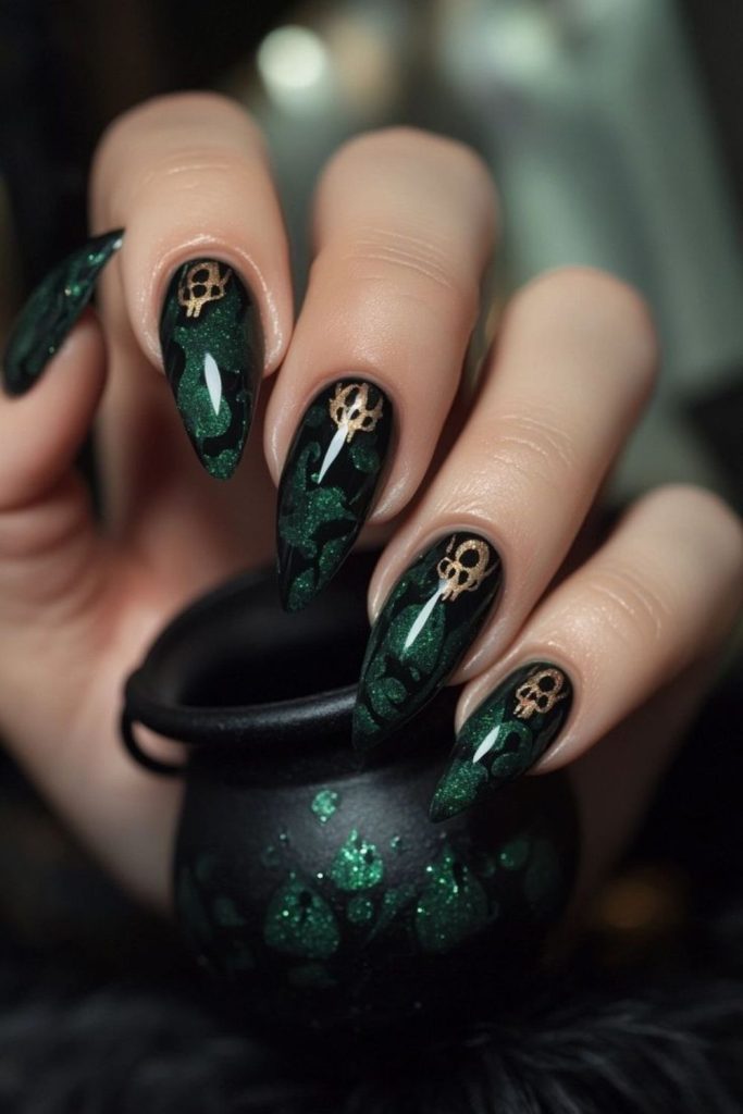 Haunted forest nails with mystical branches.