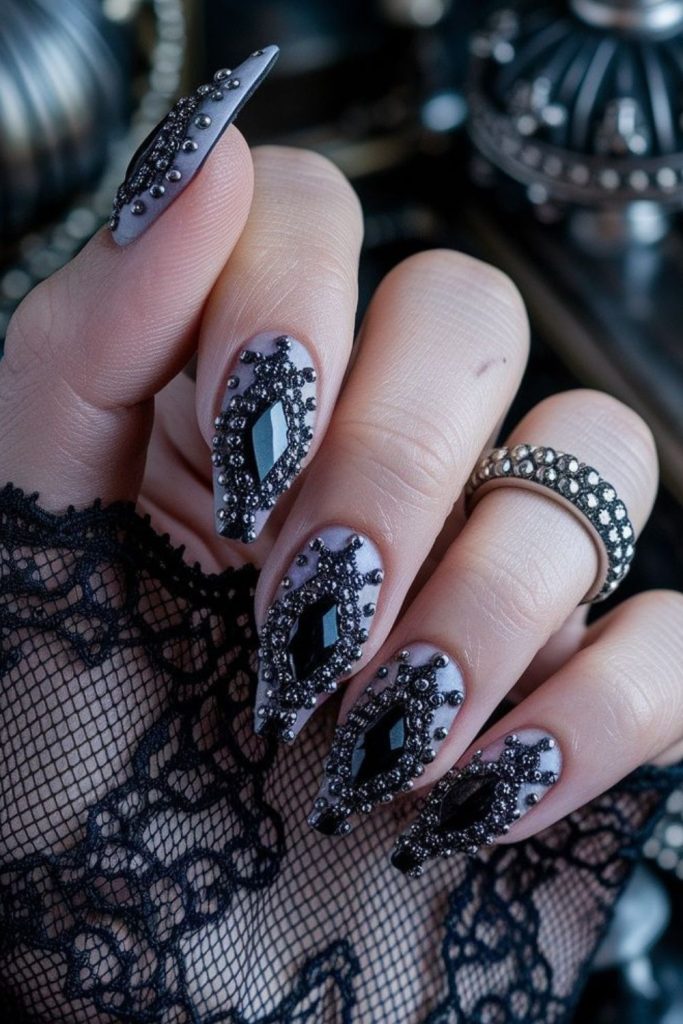 Haunted lace nails with gothic roses.