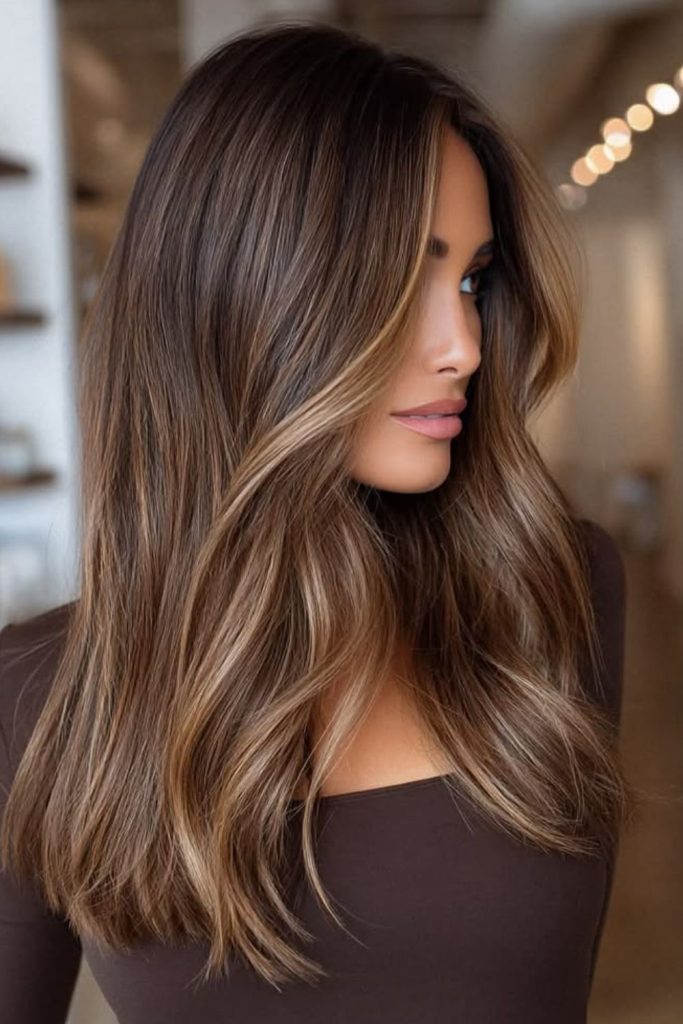 Warm hazelnut latte brunette hair.