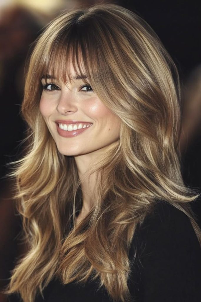 Honey blonde Birkin bangs with layers.