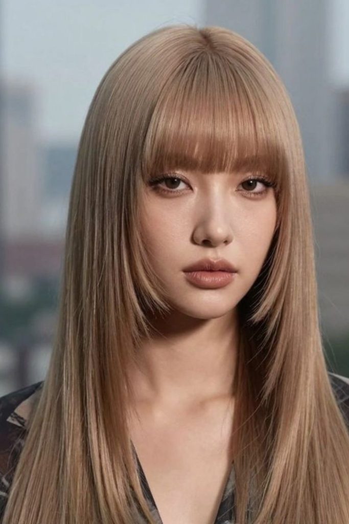 Honey blonde elegant hime haircut.