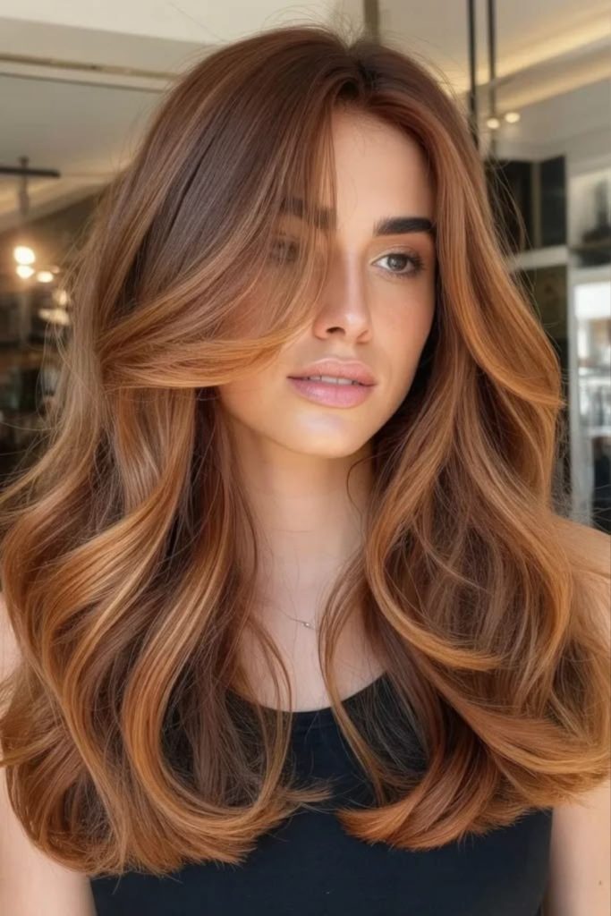 Honey copper strawberry brunette hair color.