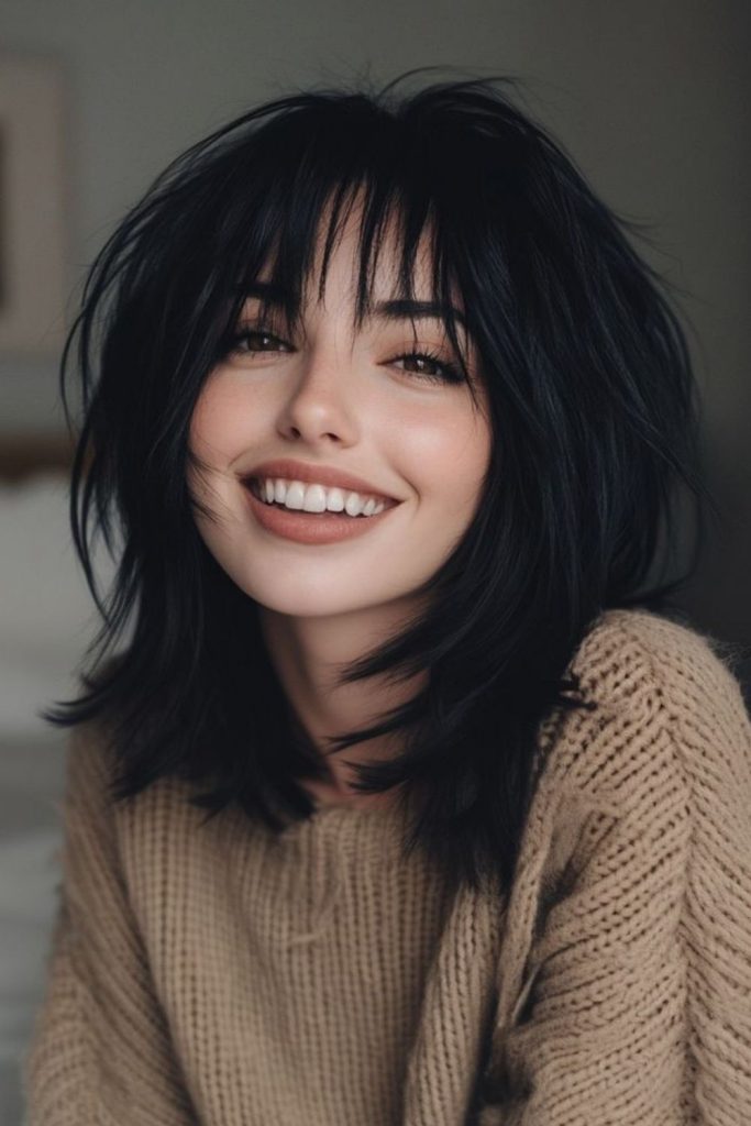 Thick hair layered Hush Cut.