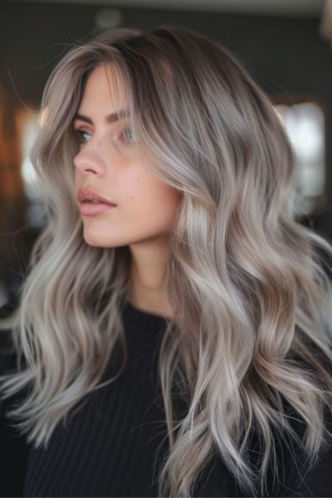 Iced mushroom brunette hair with silver tones.