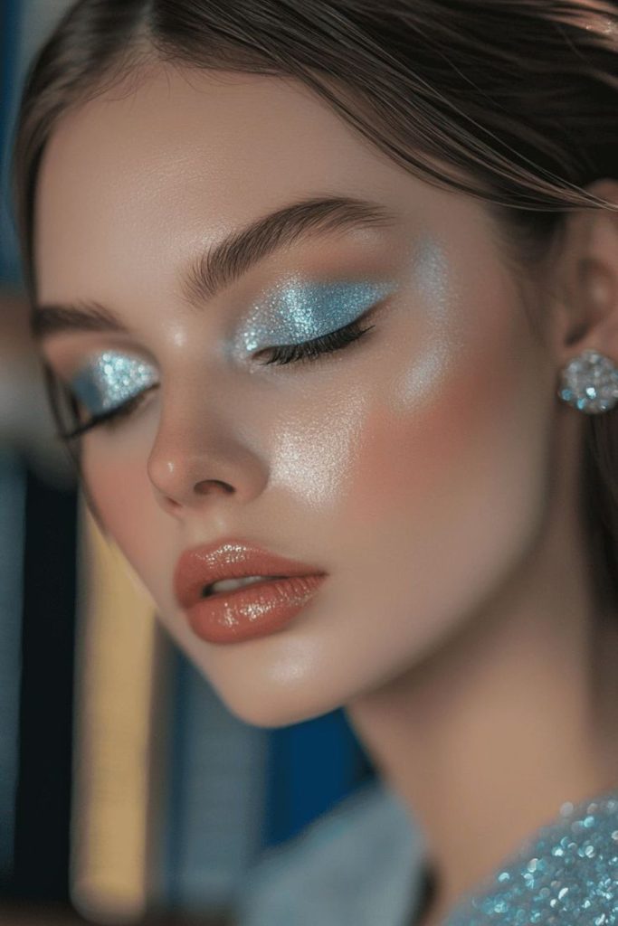 Icy blue frosted eye makeup.