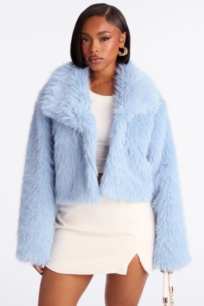 Blue winter outfit with mini skirt.