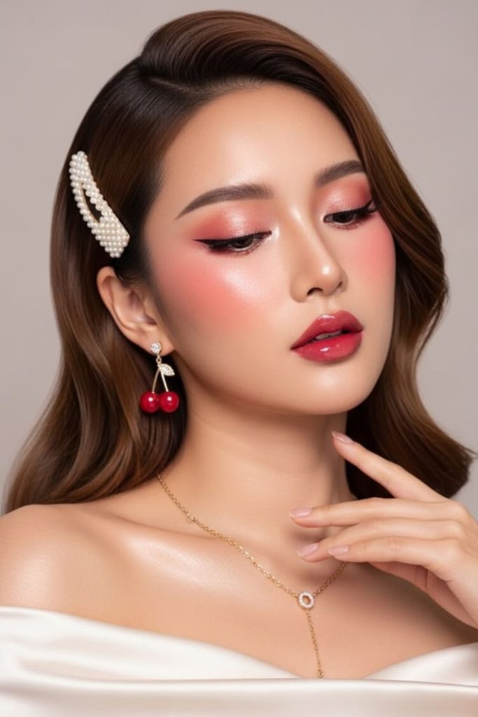 Juicy cherry makeup with glossy lips.
