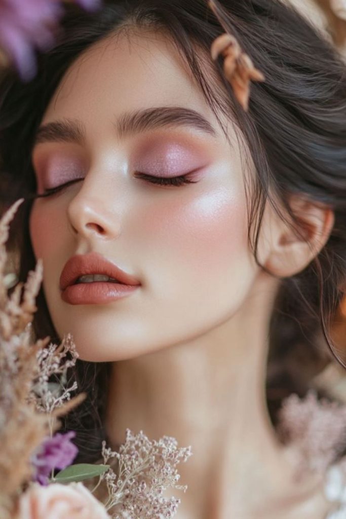 Lavender sunset blush makeup style.