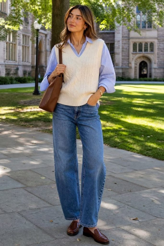 Light-wash jeans with knit vest.