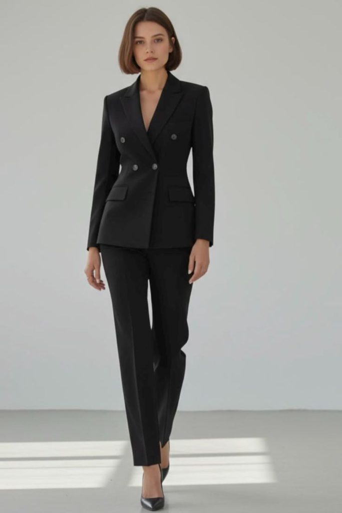 Double-breasted blazer with straight trousers.