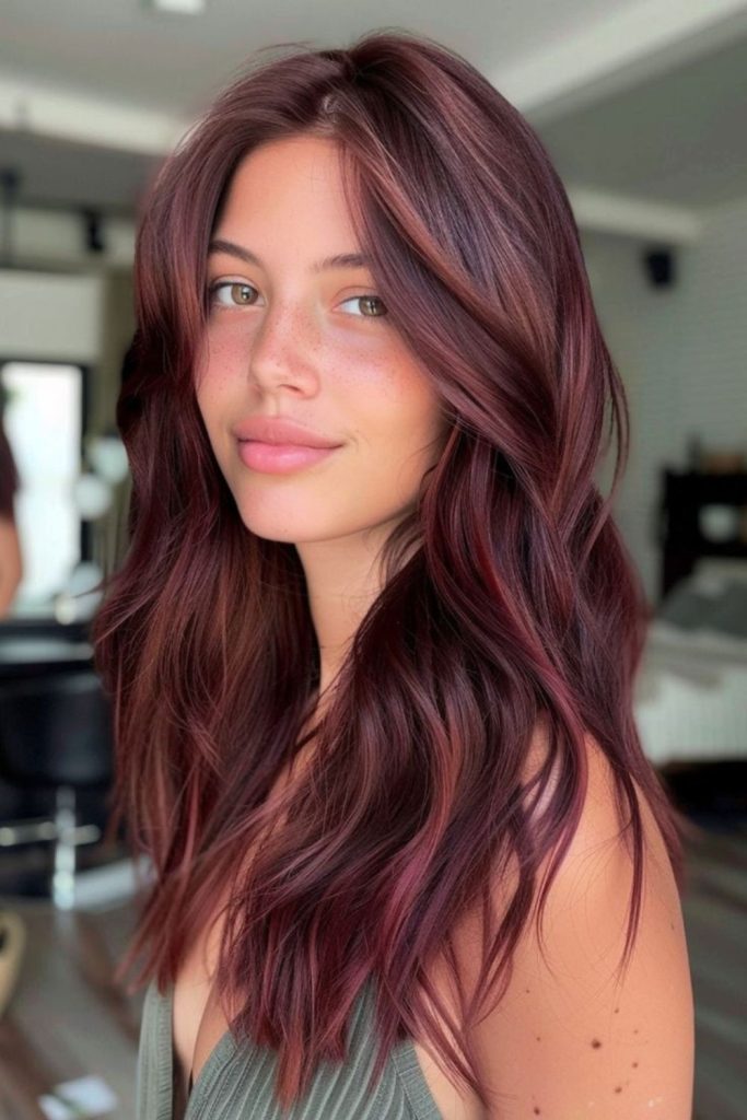 Deep mahogany money brunette hair.