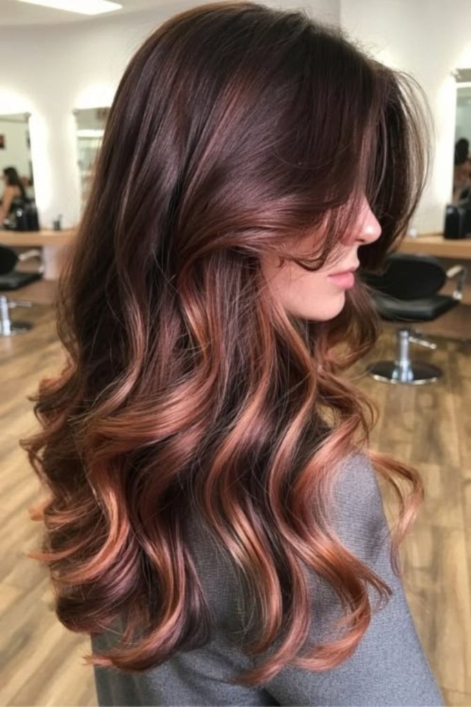 Mahogany strawberry brunette hair with shine.