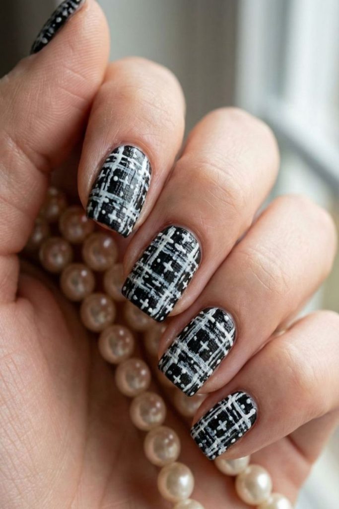 Matte tartan noir nail design.