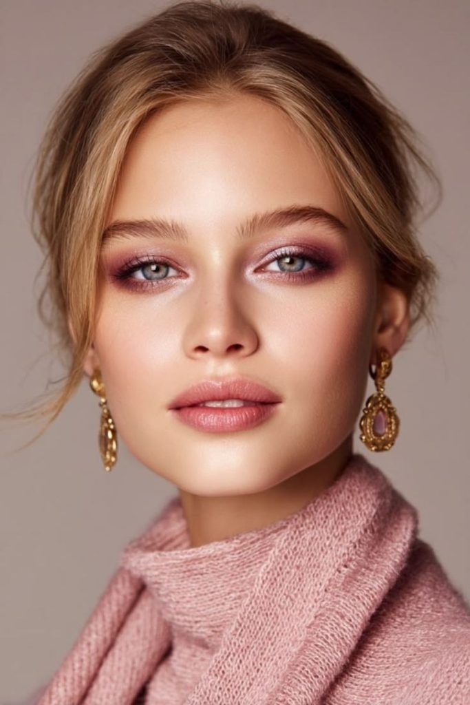 Mauve dusk glam makeup look.
