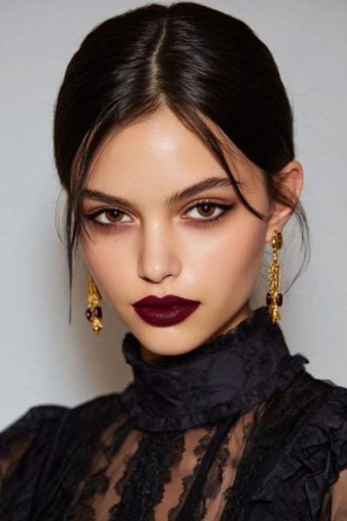 Merlot monochrome vampy makeup with wine lips.
