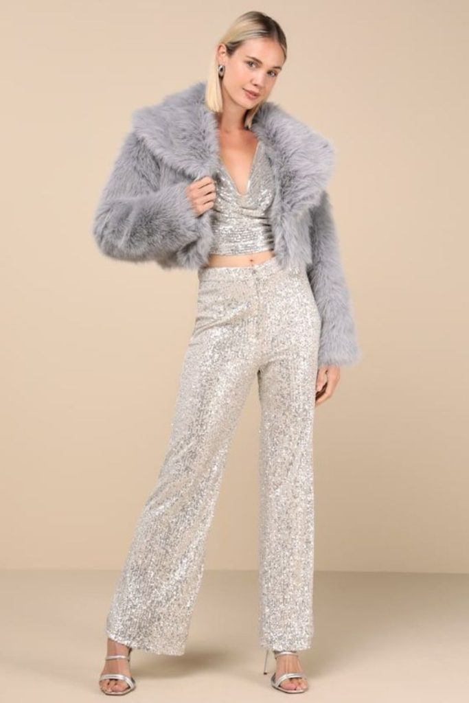 Silver metallic bodysuit winter club look.