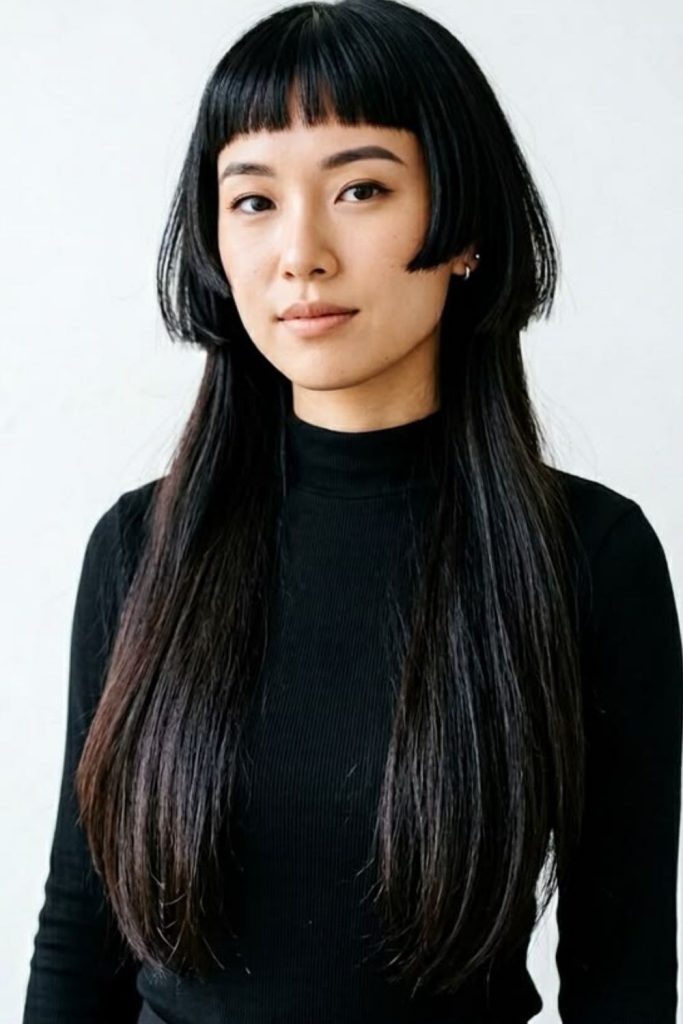 Micro fringe bold hime hairstyle.